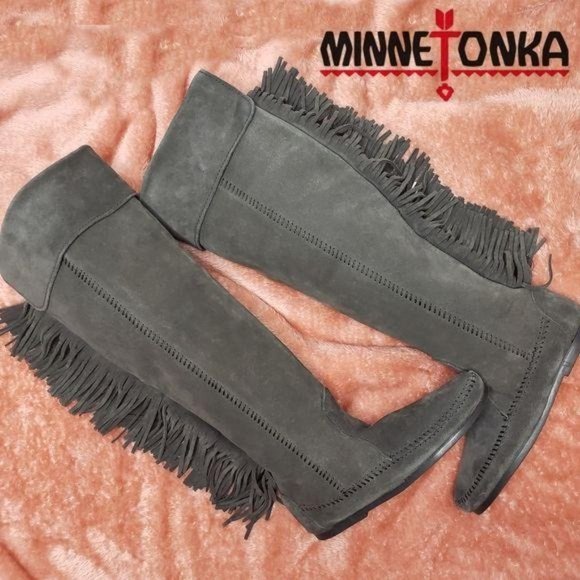 Minnitonka NWT over the knee fringe leather boots charcoal gray sz 5 small feet - Picture 3 of 13